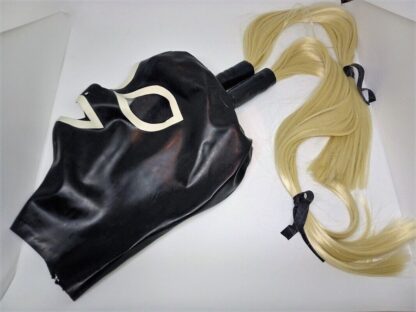 Black Latex/Rubber Twin Tails Hood Zipper Back Ponytails Wig Hair Pigtails Tube - Image 4