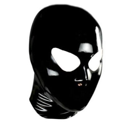 Black Latex Rubber Gummi Hood Head Face Mask Open Eyes Zipper Back Nose Holes