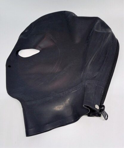 Black Latex Rubber Gummi Hood Head Face Mask Open Eyes Zipper Back Nose Holes - Image 2