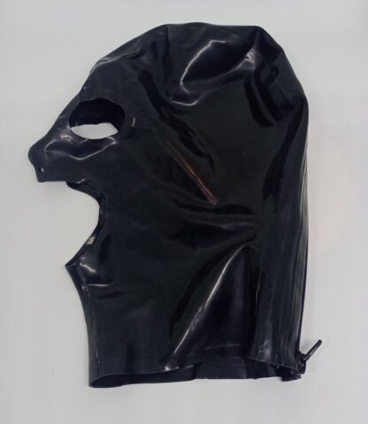 Black Latex Rubber Gummi Open Chin Hood Mask Zipper Nose Holes Natural Rubber - Image 3