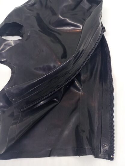 Black Latex Rubber Gummi Open Chin Hood Mask Zipper Nose Holes Natural Rubber - Image 4