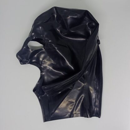 Black Latex Rubber Gummi Open Chin Hood Mask Zipper Nose Holes Natural Rubber - Image 5
