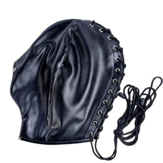 Black Faux Leather Bondage Fetish Cosplay Hood Blindfold Mask Full Head Lace Back