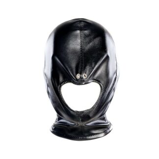 Black Faux Leather Bondage Fetish Cosplay Hood Blindfold Mask Open Mouth Lace Back